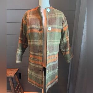 Vintage Plaid Wool Button Down Coat with Orange and Green Tones